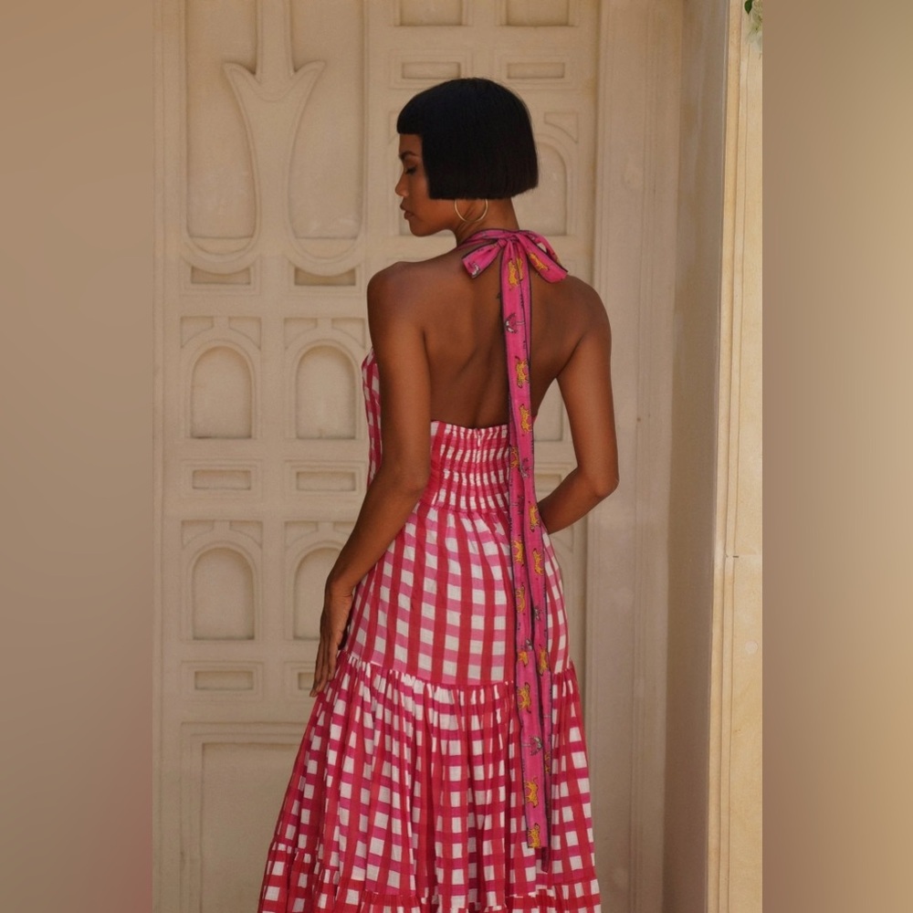 NWT Mo Maya Runa Gingham Check and Leopard Strap Print Maxi Dress Sz XS - Picture 6 of 16